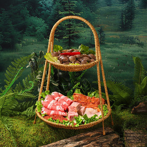 Vajilla estilo montañés para hot pot, cesta de verduras de imitación ratán, cesta de tres niveles con asa, para verduras, vegetarianos y - Product Image 2