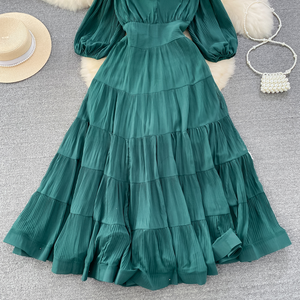 All'ingrosso elegante abito lungo in Chiffon da donna Casual plissettato mezza lanterna manica scollo a V con cerniera naturale lavabile - Product Image 2