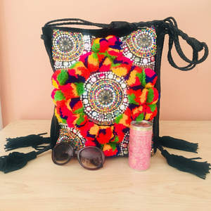 Bolso de Mano Bohemio para Mujer, Estilo Gitano, Bordado a Mano, Lona, Forro de Cuero Genuino, Logotipo, Decoración con Pompón, Cierre de Cremallera - Product Image 1