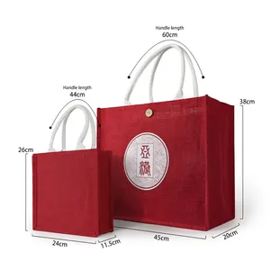 Atacado Personalizado Natural Reciclado Juta Tote Bag Red Handled Shopping Bag com Padrão Dos Desenhos Animados e Logotipo