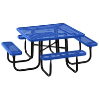 Table de jardin extérieure carrée en acier expansé à 4 bancs table de camping table d'échecs table de pique-nique thermoplastique avec trou pour parapluie