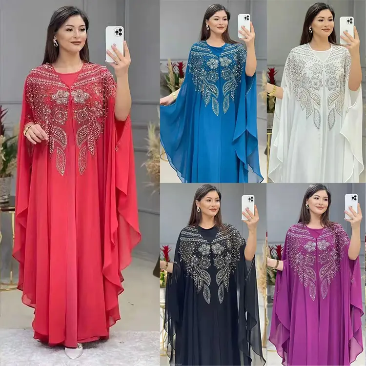 SD Wholesale Dubai Printed Chiffon Muslim African Kaftan Beading And Sequined Robe Dress For Woman