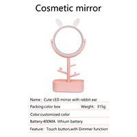 Miroir de maquillage rond à écran LED réglable, oreilles de lapin mignon, nouvelle forme, pouces, avec étui de rangement