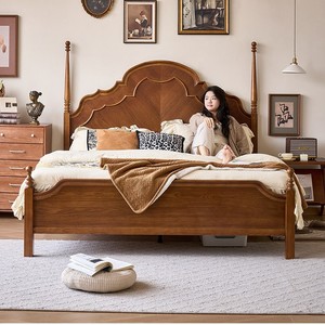 Lit double 1,8 m <span class=keywords><strong>en</strong></span> chêne massif de style rétro américain, style français du milieu du siècle, multifonctionnel, couleur cerisier, haut de gamme pour <span class=keywords><strong>chambre</strong></span> principale - Product Image 1