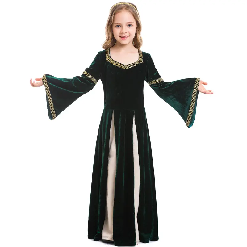 Medieval Renaissance Princess Queen Costume Gown Robe Green Medieval Swing Dress Kid Vampire Halloween Costumes
