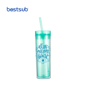 BestSub Wholesale 16oz Double Wall Clear Light Green Plastic Screen Printing Skinny Tumbler Sports Water Bottles for Crafts