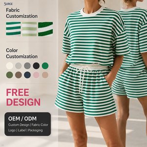 Ensemble deux pièces décontracté d'été pour femme en polyester et élasthanne, rayé vert et <span class=keywords><strong>blanc</strong></span>, col rond, manches trois quarts, avec short à cordon de serrage - Product Image 1