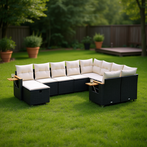 Juego de sofás de jardín de ratán negro de 10 piezas con patas ajustables, muebles de exterior de diseño contemporáneo para uso en el jardín - Product Image 2