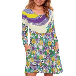 Neue Mode Hippie Blumen Druck Doppeltasche lange Ärmel Freizeitkleider für Mädchen Drop-Shipping lockere Damenkleider Kleid