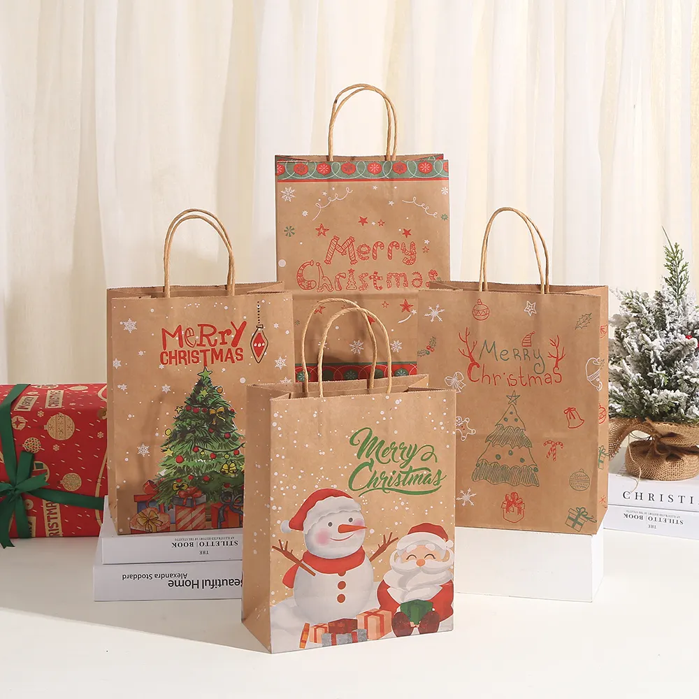 LAGER 21*15*8cm Goody Bags Party zubehör Weihnachts-Kraftpapier-Geschenkt üten mit Schnur griffen für die Verpackung von Weihnachts geschenken