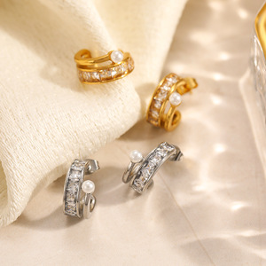 <b>Cuff</b> <b>Earrings</b> C-Shaped Stainless Steel Zircon Inlaid Geometric Design Everyday Wear - Product Image 2