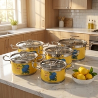 Ensemble de casseroles en acier inoxydable de style coréen FLEY, 10 pièces, avec impression jaune, couvercles en verre, marmite pour cuisinière à gaz et à induction