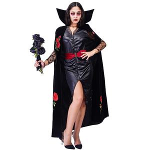 Gaun Vampir Motif Bunga Mawar Wanita Kostum Vampir Hitam Cosplay Pesta Halloween untuk Dewasa - Product Image 1