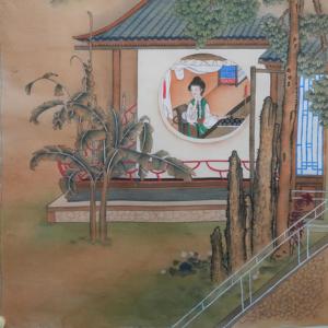 Arte Murale Orientale per Soggiorno, Dipinto Tradizionale Cinese con Figure, "Signora nel Cortile", Arte Murale in Stile Antico, Pergamena Dipinta a Mano - Product Image 5