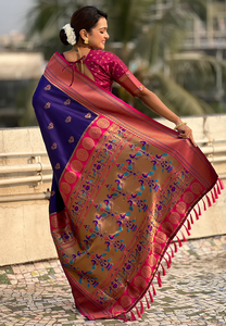 Sari de seda Violet Yeola Paithani con elegantes motivos Nath tejidos Zari y bordes de contraste llamativos para un aspecto real - Product Image 3