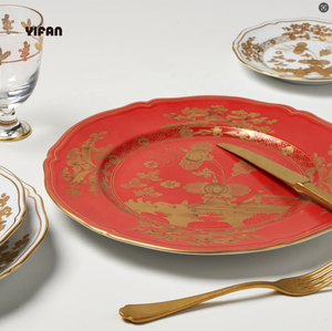 Piring dan Set Keramik bentuk bergelombang, Set piring makan malam tulang cetak bunga Vintage untuk pernikahan - Product Image 5