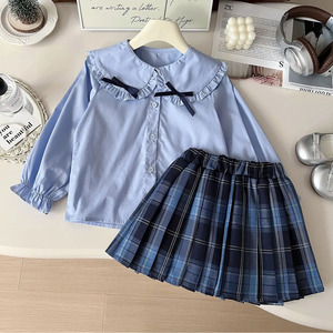 Tongxingyuan Girls' School Style Sweater Pleated Skirt Set Blue Cartoon Rabbit Design Children's Outfit Spring Autumn Wear - Product Image 3