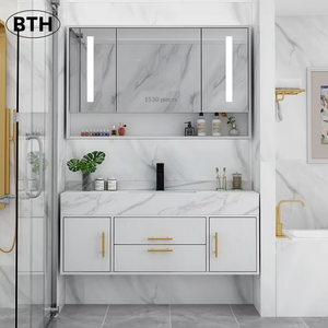 Meuble de salle de bain mural intelligent en bois massif et marbre, style luxe léger, moderne et épuré, avec éclairage LED anti-buée - Product Image 1