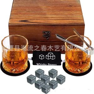 Coffret à whisky en bois transfrontalier, boîte en bois, double verre, coffret cadeau, pierres à vin glacé naturelles, coffret cadeau en bois massif - Product Image 2