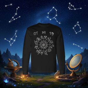 Camiseta de manga larga con diseño de horóscopo y signos del zodiaco, cuello redondo negro, ropa unisex - Product Image 3