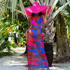 Sexy Chic Abstract Print Sheer Mesh See Through Bodycon Maxi Jurken Voor Vrouwen Zomer Beachwear Festivals Zomer Outfits