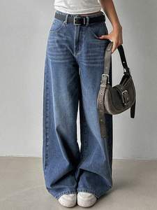 Jeans Palazzo da Donna Economici per il Mercato del Sud-Est Asiatico, Pantaloni Traspiranti a Gamba Larga a Vita Media, Tinta Unita, Estivi Autunnali Primaverili - Product Image 2