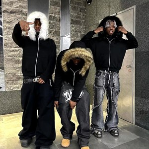 Clothing Manufacturer 400 Gsm Fleece 100% Cotton Men's Blank Detachable Real <strong>Faux</strong> <strong>Fur</strong> Hood Zip up Cropped Boxy <strong>Hoodie</strong> for Men - Product Image 1