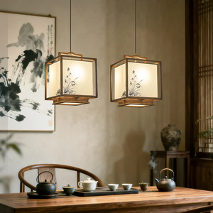 Lustre esthétique de la dynastie Song, nouveau style chinois, peinture à l'encre, orchidée, bois massif, luminaire en tissu pour salon - Product Image 4