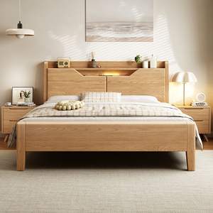 <span class=keywords><strong>Lit</strong></span> en bois massif de frêne blanc de style nordique (avec tête de <span class=keywords><strong>lit</strong></span> LED et rangement) <span class=keywords><strong>Lit</strong></span> plateforme minimaliste - Product Image 1