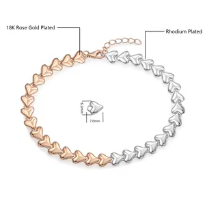High Quality Mixed Color 925 Sterling Silver Half Rose Gold Plated Half Rhodium Plated Heart Shaped Chain Bracelet