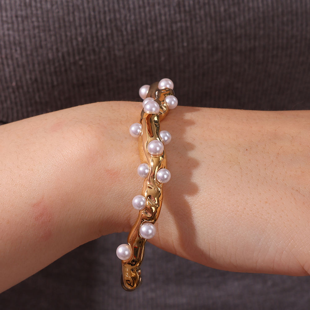 New High Quality Casting Stainless Steel Full Pearl Open Cuff Bangle  Fashion Trend 18K Gold Plated PVD Plating Bracelet Women