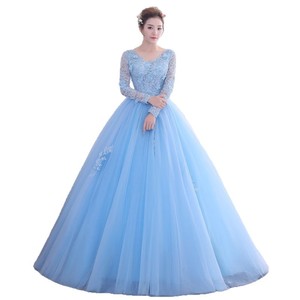 Sky Blue Long Sleeve Tulle Gown Women Stage Performance Dress Adult Vocal Exam Formal Wear - Product Image 5