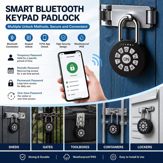 IP65 Waterproof Black Small Zinc Alloy Digital Smart Padlock CE FCC RoHS Alarm Safety Combination Tuya Padlock OEM ODM Support