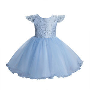 Vestido de Princesa para Niña, Azul, con Encaje y Tul, Cuello Redondo, Mangas con Volantes, Vestido de Dama de Honor - Product Image 5