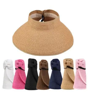 2024 Hot Sale Foldable Paper Grass Straw Hat Custom Logo Summer Beach Sun Visor Empty Top Sun Hat
