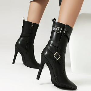 Belt Metal Buckles Dress Stiletto <b>Shoes</b> High Top Ankle Boots Sexy Women's Short Boots Slim High Heels Booties Large Size 48 - Product Image 5