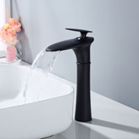 Robinet de lavabo cascade noir à poser sur le comptoir, tout en laiton, monotrou, eau froide et chaude, pour lavabo de table