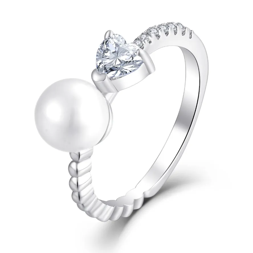 Anelli di perle personalizzati di alta qualità gioielleria raffinata cuore zircone 925 Sterling Silver Cove perla coltivata d'acqua dolce e anello di diamanti