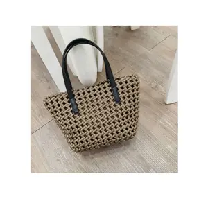 New vintage silk woven hollow design handbag for women leisure large capacity bucket bag fashion ladies shoulder bag