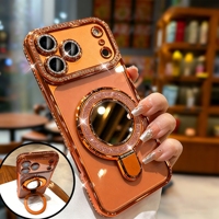 Étui de luxe à strass couvrant entièrement l'appareil pour iPhone 17 16 15 14 13 12 11 Pro Max, avec support magnétique miroir et protection d'objectif, coque pour iPhone