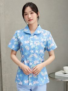 Traje dividido floral para enfermeras, ropa de trabajo de manga corta para Hogar de Ancianos, tela tejida de primavera y verano - Product Image 5