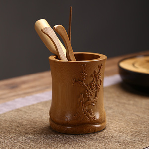 Bamboo Pen Holder Round Carved With Clock Home Office Desk Decor Gift Craft Anji Origin - Product Image 2
