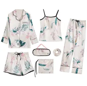 HIgh quality 7 pieces pajamas set floral print top and pants pajamas sleepwear for women