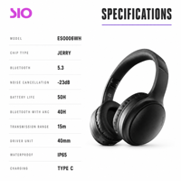 Casque sans fil à réduction de bruit 50H ANC 40mm HiFi Stéréo IP65 Type C pour le bureau, les voyages et les trajets quotidiens