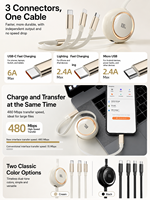 Cable de carga rápida retráctil HYTO 3 en 1 de 100W 6A con cable TPE de 1.2M y múltiples conectores CarPlay para teléfono móvil