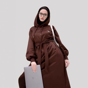 Maxi cappotto mussulm Activewear giacca elegante Jilbab un pezzo modesto felpa con cappuccio Abaya cotone marrone modesti trench - Product Image 3