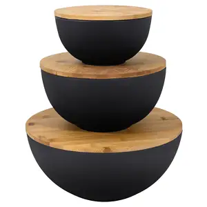 NISEVEN Factory Custom 3pcs/Set Salad Serving Bowl Bamboo Fibre like Melamine Mixing Bowl Black Large Salad Bowl with Wooden Lid
