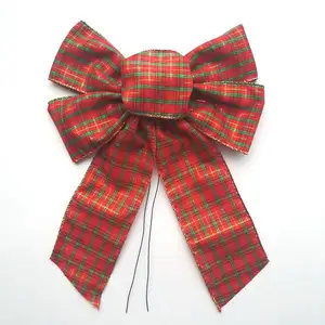 Dekorasi Pohon Karangan Bunga Natal Buatan Tangan Pretied Polyester Kotak-kotak Checker Tartan Tenun Pita Kupu-kupu Simpul Busur