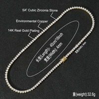 Collar de circonita cúbica 5A de 4 mm con engaste de 3 garras, cadena de tenis de una sola fila, estilo Iced Out, joyería Hip Hop Bling para mujer y hombre