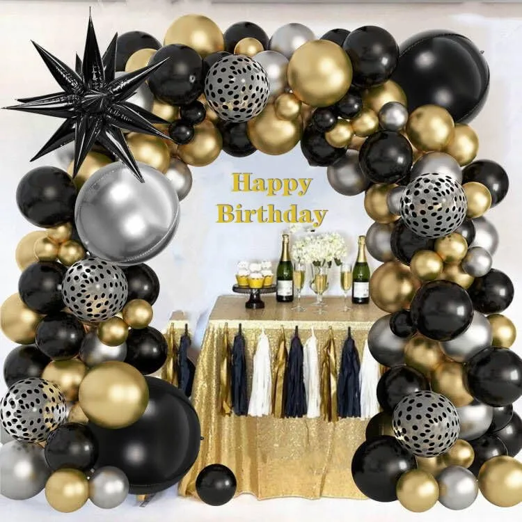 148PCS Black and Gold Balloons Garland Arch Kit 18''12''5'' Silver Metallic Gold Black Confetti Starburst Balloons W004